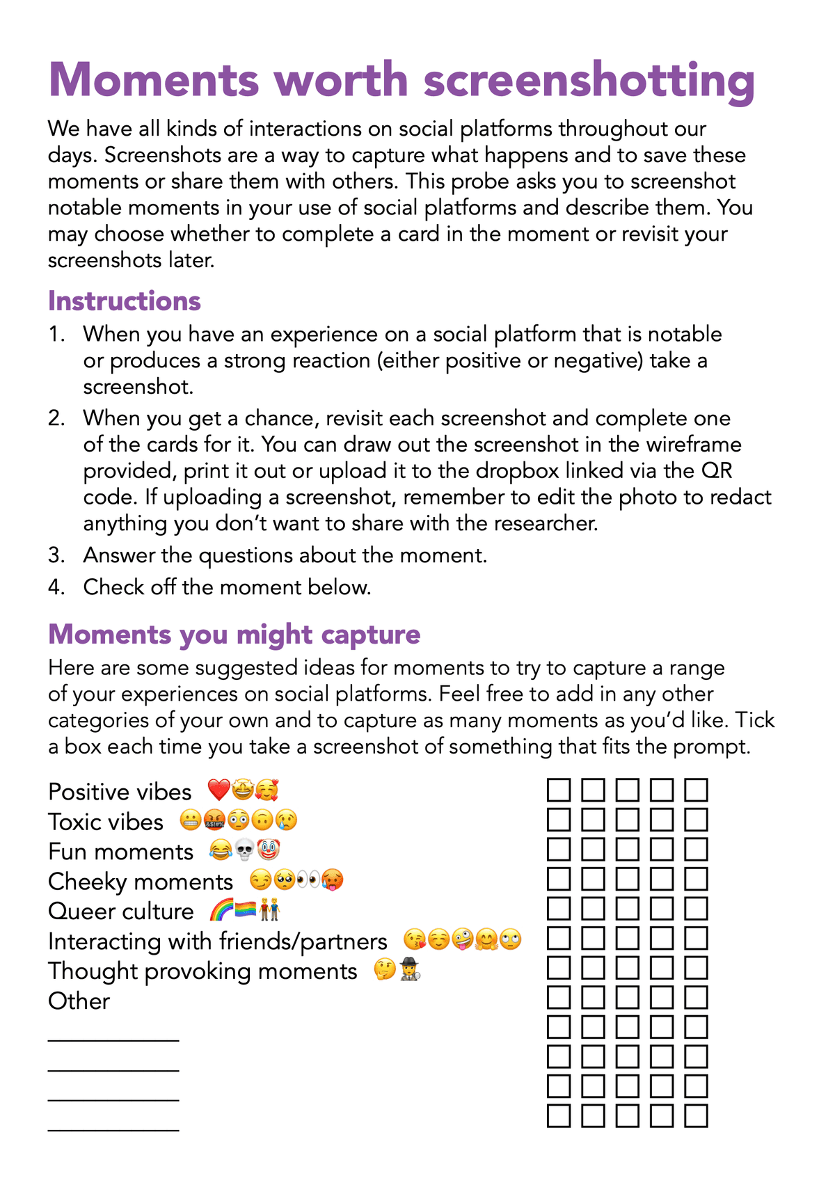 The instructions for the Moments worth screenshotting probe.